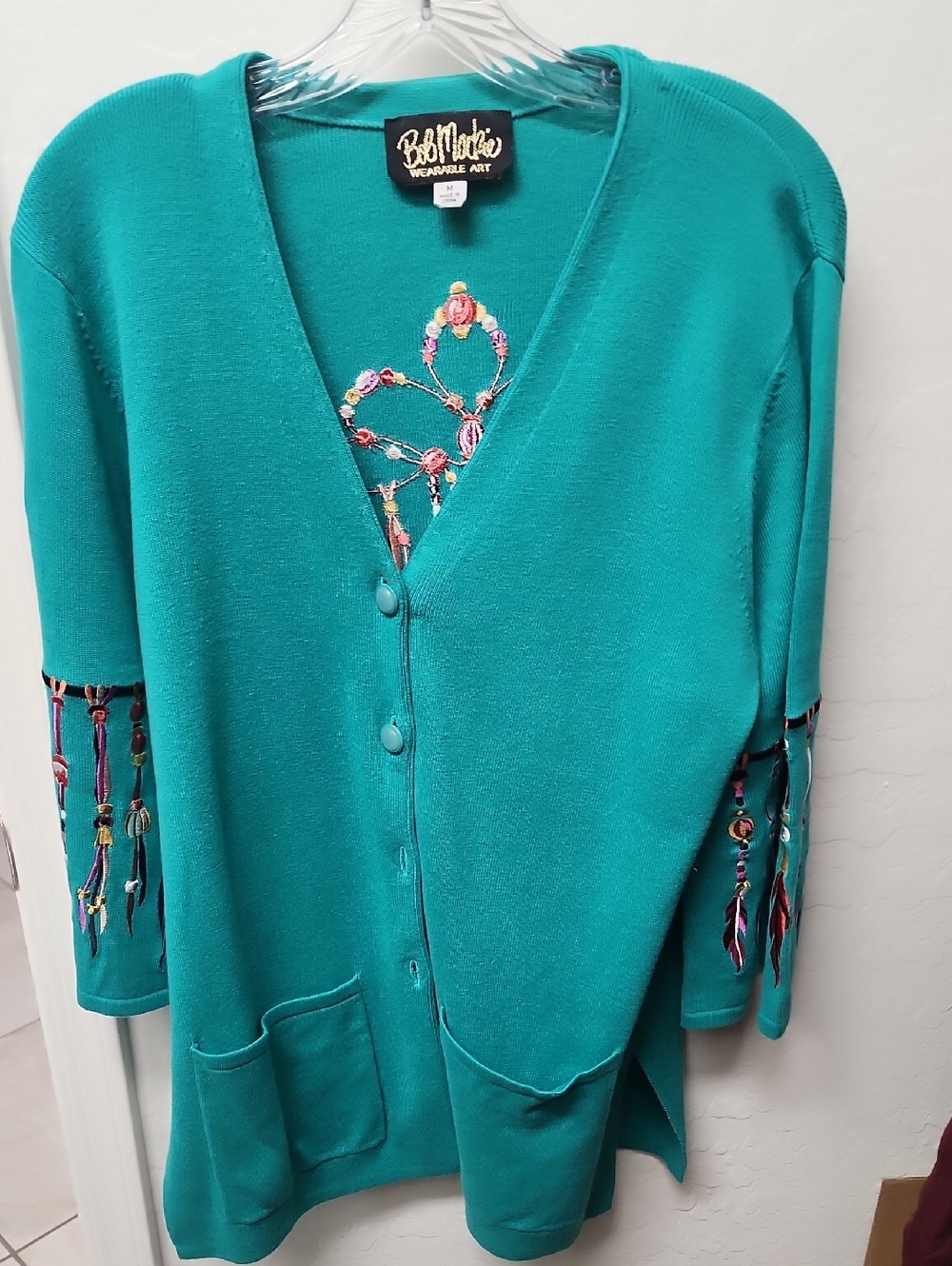 Bob Mackie Teal Embroidered V-Neck Cardigan with Pockets